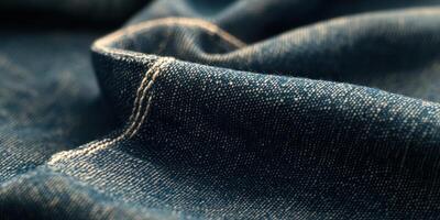 Close-up texture of blue denim fabric with stitching and folds for fashion concepts photo