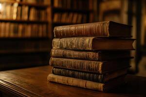 Stack of vintage books in an old library illuminated by warm ambient light photo
