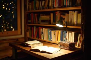 Cozy home library with open book and lamp on wooden desk near bookshelf photo