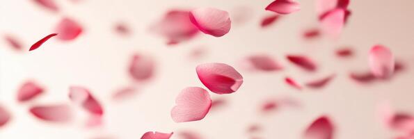 Floating pink rose petals in the air capturing graceful movement and softness photo