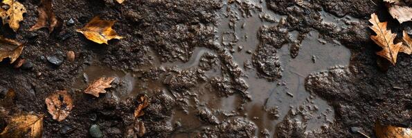 Autumn leaves on muddy ground with rain puddles capturing seasonal change photo