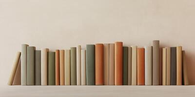 Neatly lined hardcover books on a shelf against a neutral background photo