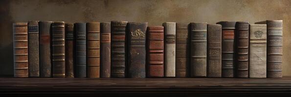 Row of antique leather bound books on wooden shelf representing historical literature photo