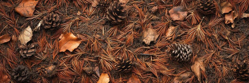 Autumn ground texture with pine cones, dry leaves, and twigs in forest setting photo