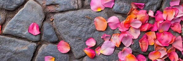 Vibrant rose petals scattered across cobblestone pathway photo