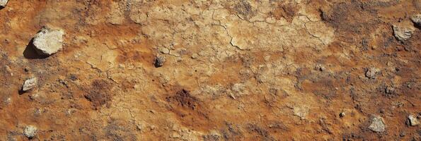Rough texture of dry cracked earth with stone elements in uncultivated land photo