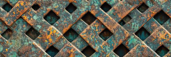 Weathered metal grid with rust and patina forming geometric lattice pattern photo