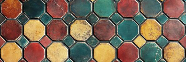 Vintage patterned tile wall with geometric shapes and colorful symmetry photo