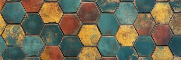 Weathered hexagonal tiles in rustic earthy hues form abstract geometric pattern design photo