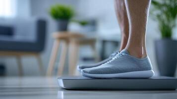 Person Weighing Themselves on Bathroom Scale in Modern Home photo