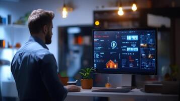 Person Analyzing Smart Home Data on Computer Screen in Modern Office photo