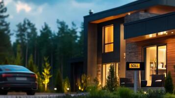 Modern House Exterior with Sold Sign and Elegant Landscape Lighting photo