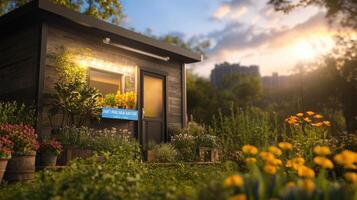 Charming Garden Shed Surrounded by Vibrant Flowers and Sunlight photo