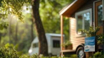 Cozy Tiny Home in Nature with Bright Sunlight and Greenery photo