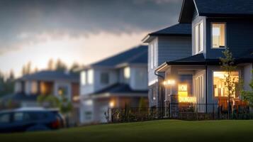 Serene Evening at a Modern Suburban Home with Illuminated Windows photo
