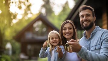 Happy Family Celebrates New Home Ownership with Keys in Hand photo