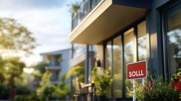 Modern House Exterior with Flowering Plants and Signboard in Focus photo