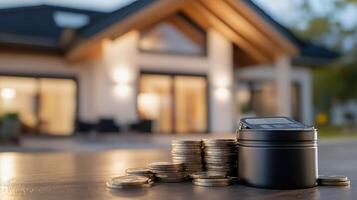 Coins Stacked Next to Black Box in Front of Modern House at Dusk photo