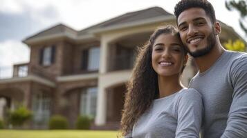 Happy Couple Posing Together Near Beautiful Home in Sunny Setting photo