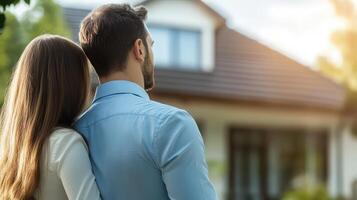 Romantic Couple Embracing in Front of Modern Home at Sunset photo