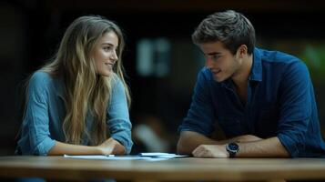 Young Couple Engaging in Conversation at a Cozy Cafe Setting photo