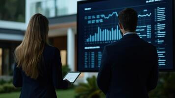 Professionals Analyzing Financial Data on Screen Outdoors in Evening photo