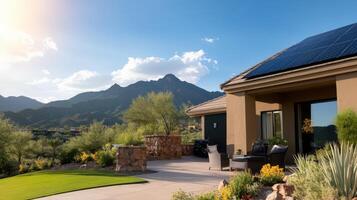 Modern Sustainable Home with Solar Panels and Scenic Mountain View photo