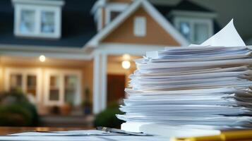 Pile of Documents in Foreground with House in Background View photo