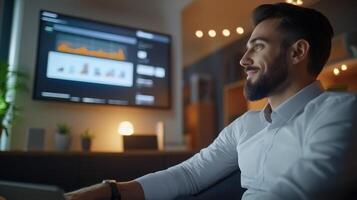 Professional Man Analyzing Data on Computer Screen in Office Setting photo