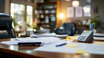 Neatly Organized Desk in Modern Office with Stationery and Calculator photo