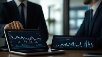 Business Professionals Analyzing Financial Data on Laptop Screens photo