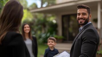 Professional Real Estate Agent Engaging with Clients Outdoors photo