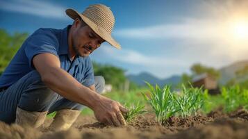 Farmer Tending to Crops in a Lush Green Field at Sunset photo