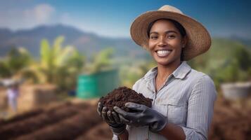 Smiling Woman Holding Fresh Compost in a Lush Farm Environment photo
