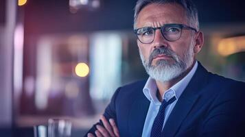 Confident businessman with glasses posing in modern office space photo