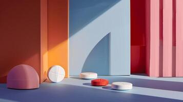 Modern Minimalist Composition with Geometric Shapes and Soft Shadows in Vibrant Colors Creating an Artistic and Contemporary Aesthetic in a Serene Environment photo