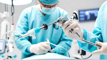 Surgical team in scrubs performs minimally invasive procedure with precision instruments in modern hospital operating room, showcasing advanced medical technology and professionalism photo