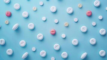 Colorful Pills and Tablets on Blue Background with Various Shapes and Sizes Illustrating Medicine and Healthcare Concepts for Stock Photography photo