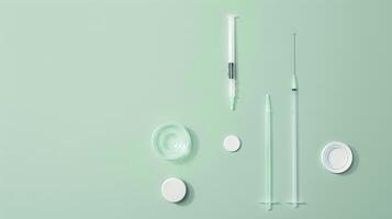 Medical Equipment Layout with Syringes, Vials, and Cap on Soft Green Background for Healthcare and Pharmaceutical Use photo