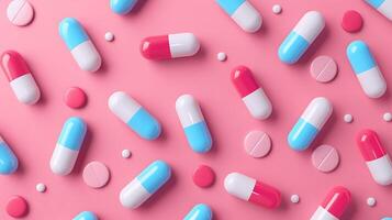 Colorful assortment of pills and capsules scattered on a pink surface, showcasing vibrant colors and various shapes ideal for health and wellness themes photo