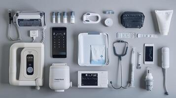 A Comprehensive Arrangement of Modern Medical Equipment and Tools for Healthcare Professionals Featuring Various Instruments and Devices on a Gray Background photo