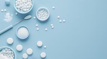 Clean and Minimalist Composition of White Pills and Dust on Light Blue Background Featuring Bowls and a Spoon for Health and Wellness Themes photo
