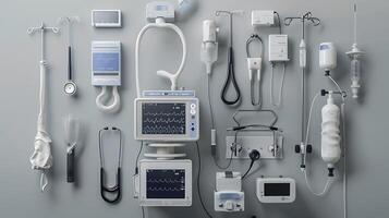 Medical Equipment and Devices Arranged on a Clean Wall for Use in Healthcare Settings, Featuring Monitors, IV Drips, Stethoscopes, and Various Instruments photo