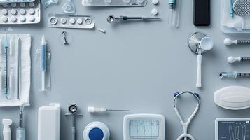 High-Quality Medical Supplies on a Light Gray Background Featuring Syringes, Vials, Stethoscopes, and Various Healthcare Instruments Perfect for Health Industry Use photo