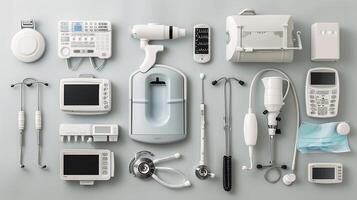 Medical Equipment and Instruments on a Gray Surface, Featuring Monitors, Diagnostic Tools, and Surgical Devices for Healthcare Settings and Clinical Environments photo