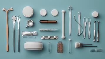 Aesthetic Arrangement of Various Beauty and Cosmetic Tools on a Soft Blue Background for Skincare and Personal Care Concepts photo
