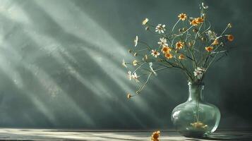 Delicate Wildflowers in a Glass Vase with Soft Light Rays and a Gentle Background Creating a Serene and Peaceful Atmosphere for Nature Lovers photo