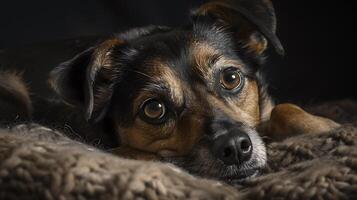 Close-Up of a Relaxed Dog Resting on a Cozy Blanket with Soft Textures and Warm Lighting Capturing the Affectionate Expression and Gentle Eyes of a Canine Companion photo