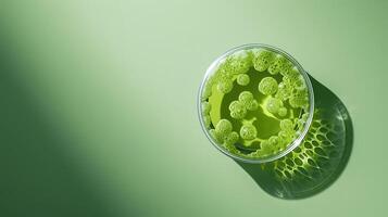 Close-Up View of Green Algae in Petri Dish with Bubble Formation on Soft Green Background, Representing Microbial Life and Scientific Research in Biology photo