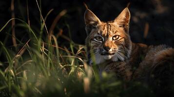 Captivating and Majestic Lynx in Natural Habitat, Bathed in Soft Glow of Evening Light Surrounded by Graceful Grass and Nature's Tranquility photo